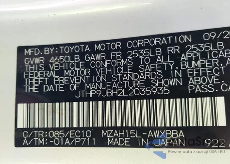 2020 Lexus Ux 250H из США, поврежденный, VIN JTHP9JBH2L2035935